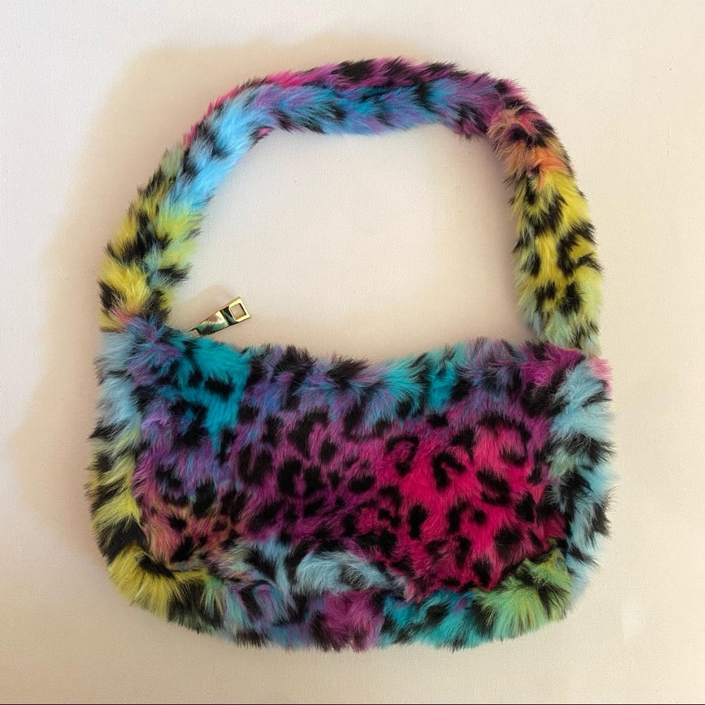 Rainbow Leopard Faux Fur Small Shoulder Bag - Picture 1 of 3